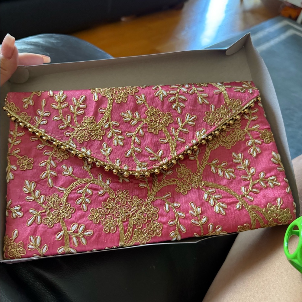 Heritage India Pink and Gold Embroidered Clutch